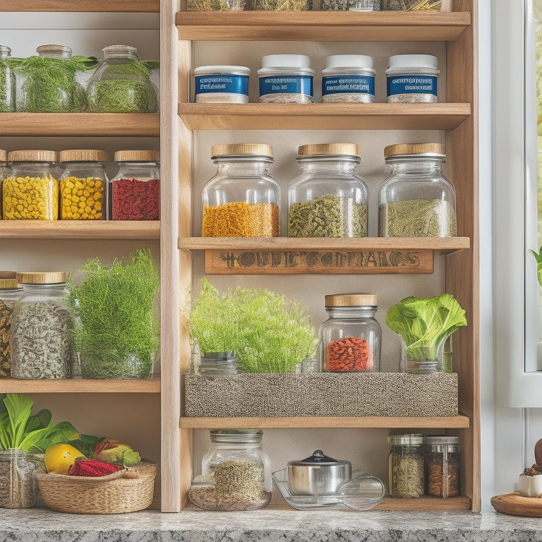 A beautifully arranged spice rack with labeled glass jars, different colored spices, wooden dividers, and small potted herbs on a sunny kitchen countertop, surrounded by vibrant vegetables and utensils, creating an inviting atmosphere.