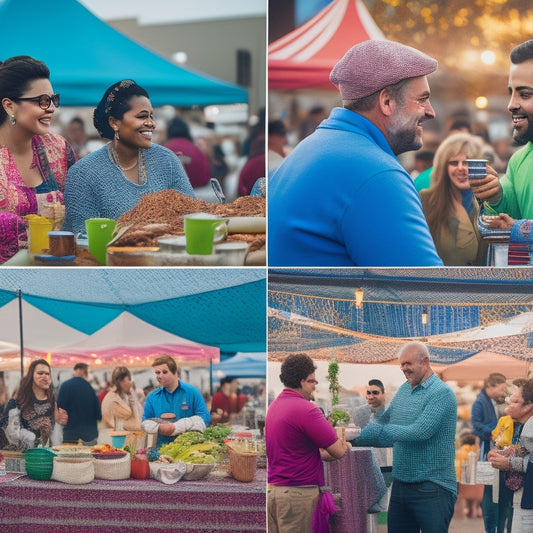 A vibrant, outdoor food festival scene with colorful tents, steam rising from food stalls, and people of diverse ages and ethnicities mingling, laughing, and enjoying food and drinks.