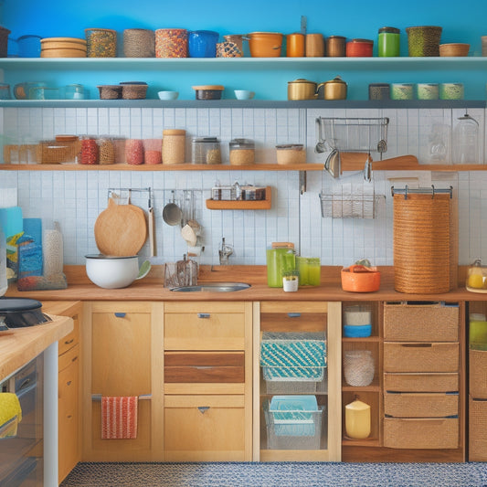 A tidy kitchen with a few strategic items: a utensil organizer on the counter, a pegboard on the wall, a pull-out trash can, a lazy Susan in a cabinet, and a row of matching jars on a shelf.