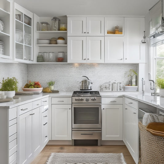 A bright, modern small kitchen with sleek white cabinets, a stainless steel sink, and a few strategically placed storage solutions, such as a spice rack, utensil holder, and pull-out pantry.