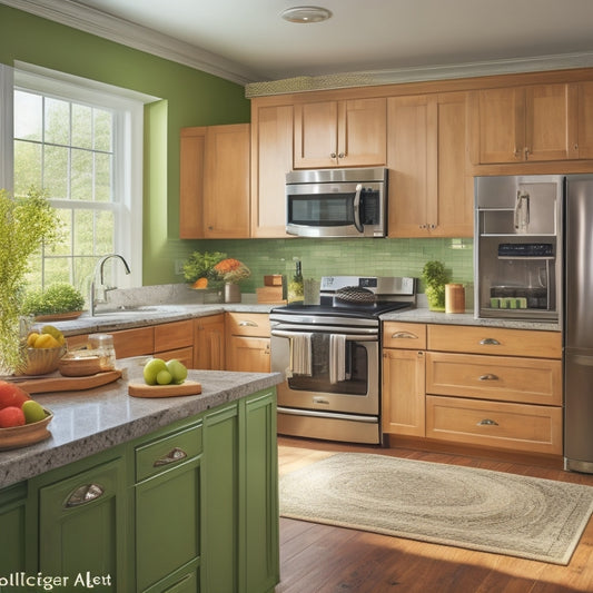 A warm, well-lit kitchen with rounded countertops, a designated allergy-friendly zone marked by a green mat, and a prominent "Allergen Alert" symbol on a cabinet, surrounded by calm, natural colors.