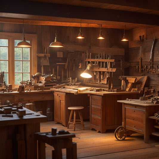 A warm, well-lit woodworking shop with various wooden projects in progress, surrounded by scattered woodworking tools and a laptop open to the Woodnet Forums website on a cluttered workbench.