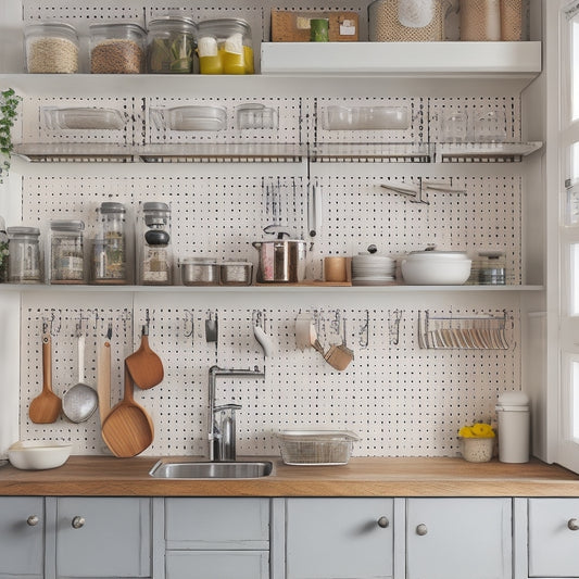 A clutter-free apartment kitchen with a mix of open and closed cabinets, showcasing a pegboard on the back of a door, a slide-out spice rack, and a hanging utensil organizer.