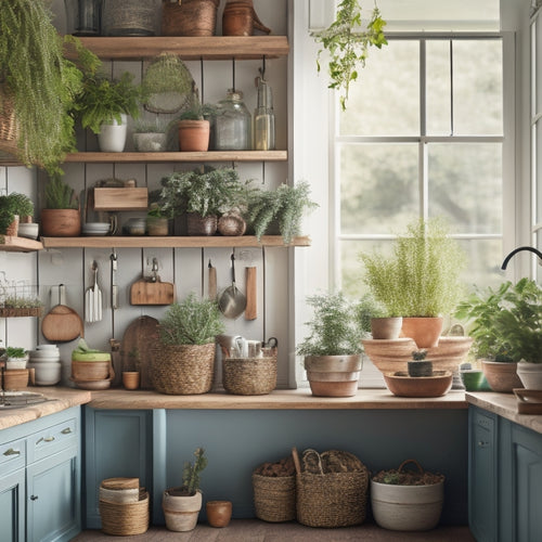 A cozy small kitchen featuring sleek, tiered wooden shelves filled with colorful jars, hanging herb pots, and stylish containers, illuminated by soft, natural light, with a charming vintage touch and a touch of greenery.