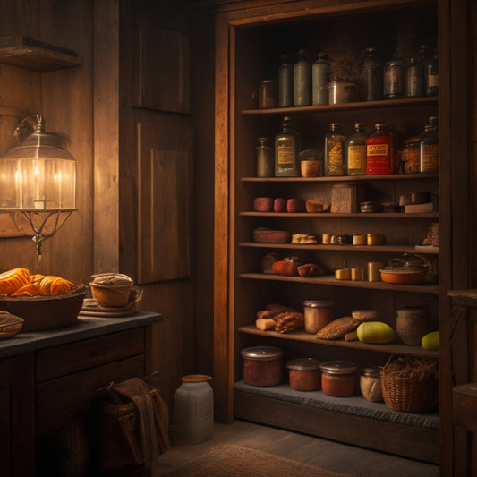 A dimly lit pantry with worn wooden shelves, adorned with distressed vintage labels in muted colors, featuring illustrations of old-fashioned food items and mysterious symbols, with cobwebs and flickering candlelight.