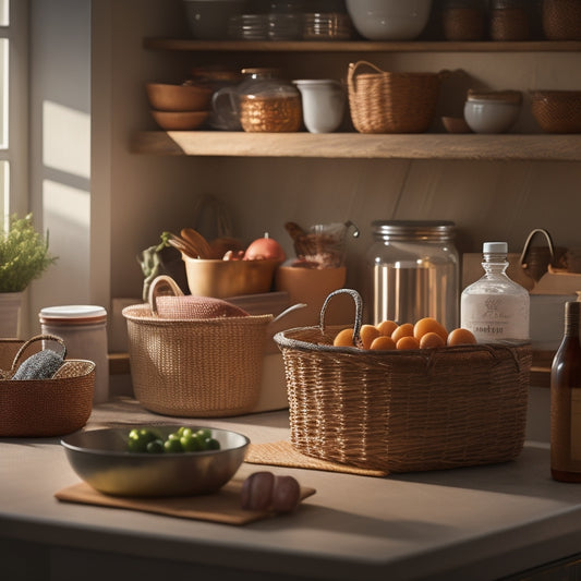 A tidy kitchen counter with a few strategically placed baskets, a small utensil organizer, and a few neatly arranged cookbooks, surrounded by a subtle warm lighting and a blurred background.