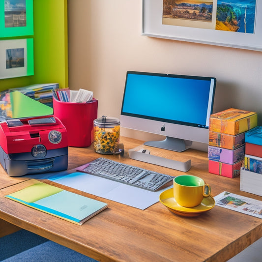 A clutter-free desk with a laptop, a few neatly arranged notebooks, and a printer in the corner, with a stack of freshly printed papers and a few colorful pens nearby.
