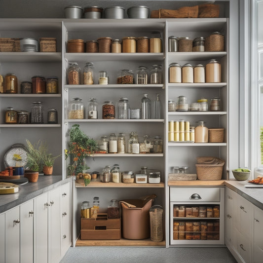 A cluttered kitchen with open cabinets revealing disorganized contents, contrasted with a sleek, modern cabinet door featuring a pull-out organizer with neatly stored spices, oils, and cookbooks.