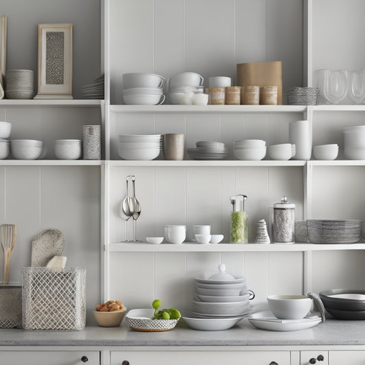A serene, well-organized kitchen cabinet interior with neatly stacked white plates, vertically arranged cookbooks, and a few carefully placed kitchen utensils, set against a clean, light-gray background.