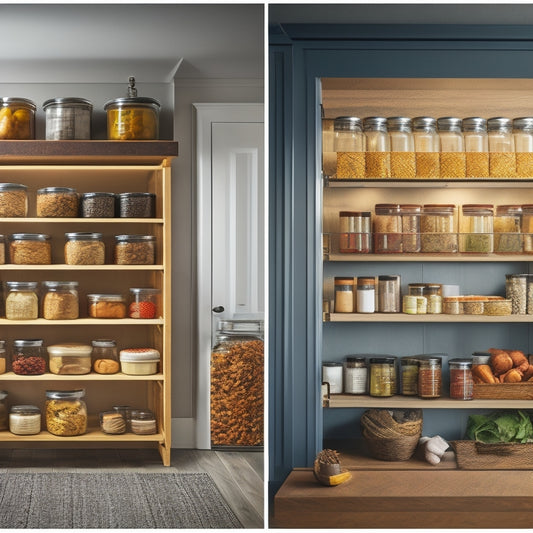 A side-by-side comparison of a sleek, modern sliding pantry shelf filled with jars and spices, contrasted with a traditional wooden shelving unit stacked with canned goods, all set in a cozy kitchen environment.