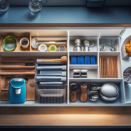 A tidy kitchen drawer with perfectly organized utensils, cookware, and gadgets, showcasing various templates and dividers in different materials and colors, illuminated by soft, warm lighting.