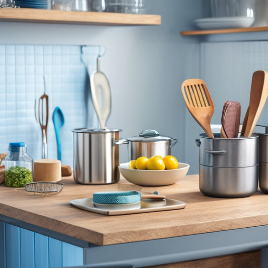A bright, modern kitchen with three distinct countertop utensil holders: a stainless steel carousel, a wooden block with slots, and a ceramic container with a wooden spoon rest, surrounded by organized kitchen utensils.