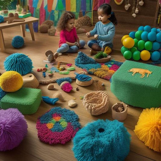 A vibrant, clutter-free play area with various loose parts like colorful pom-poms, wooden blocks, seashells, and fabric scraps scattered across a natural wood table, surrounded by three curious children.