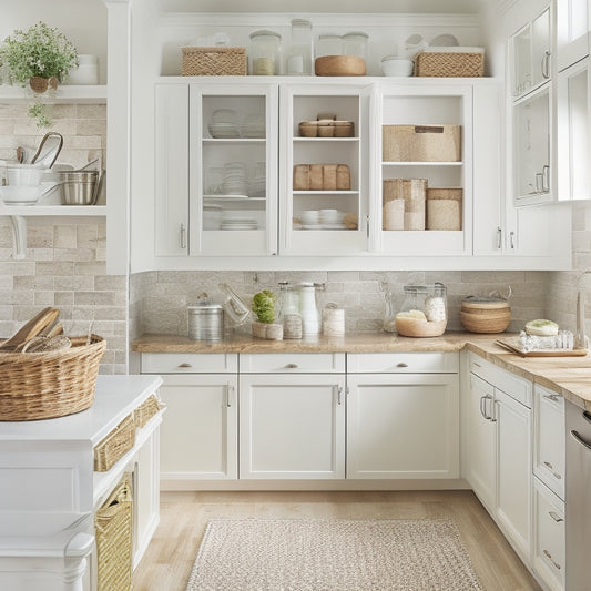 A clutter-free kitchen with creamy white cabinets, featuring a pull-out trash can, a utensil organizer with hanging spoons, and a narrow slide-out pantry with labeled baskets and jars.
