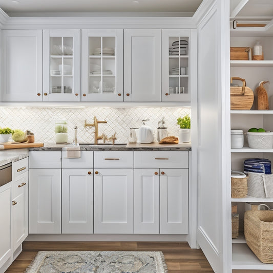 A bright, modern kitchen with sleek white cabinets, rich wood accents, and a stunning custom pantry system featuring glass doors, pull-out shelves, and a built-in coffee station.