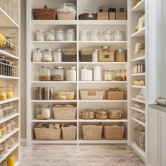 A bright, modern pantry with sleek, white shelves and drawers, filled with neatly arranged jars, baskets, and containers in a warm, golden lighting, showcasing a sense of organization and functionality.
