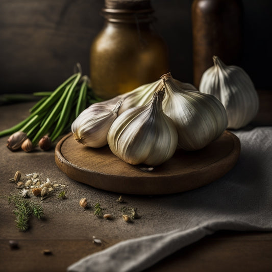 A warm, golden-lit still life of a whole head of garlic, partially peeled to reveal creamy white cloves, surrounded by scattered, caramelized garlic peels and a few sprigs of fresh thyme.