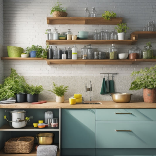 A sleek, modern kitchen with a stylish wall-mounted rack displaying colorful cleaning supplies, neatly arranged sponges, eco-friendly bottles, and cloths, surrounded by fresh herbs and bright tiles, creating an organized, inviting atmosphere.