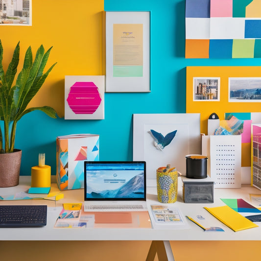 A bright, modern workspace with a sleek laptop, colorful paper scraps, and a scattering of design elements like icons, shapes, and patterns, surrounded by freshly printed flyers with bold graphics.