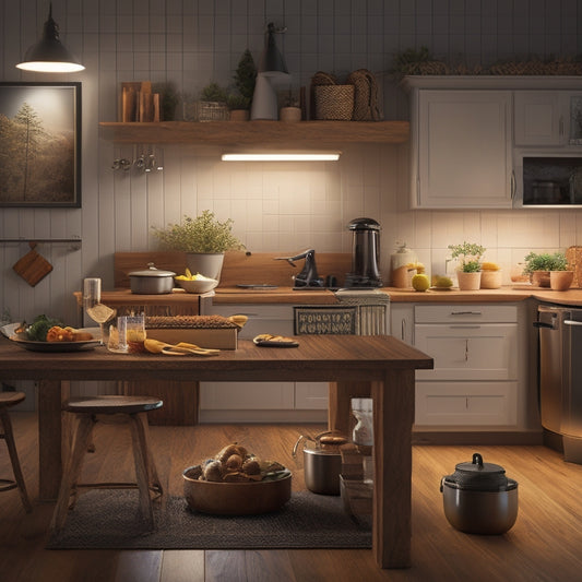 A cozy kitchen scene showcasing under-cabinet LED strip lights illuminating a countertop, with tools like a drill and measuring tape nearby, and a step-by-step guide laid out on a wooden surface.