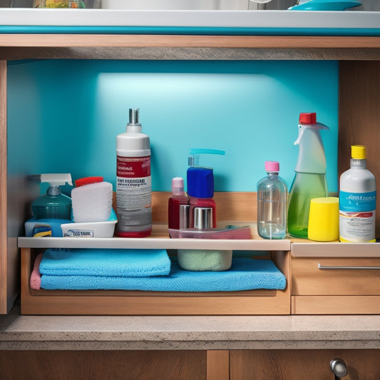 A beautifully organized under-sink cabinet featuring sleek roll-out trays filled with cleaning supplies, colorful bottles, and neatly stacked sponges, all set against a backdrop of polished wood and soft lighting.