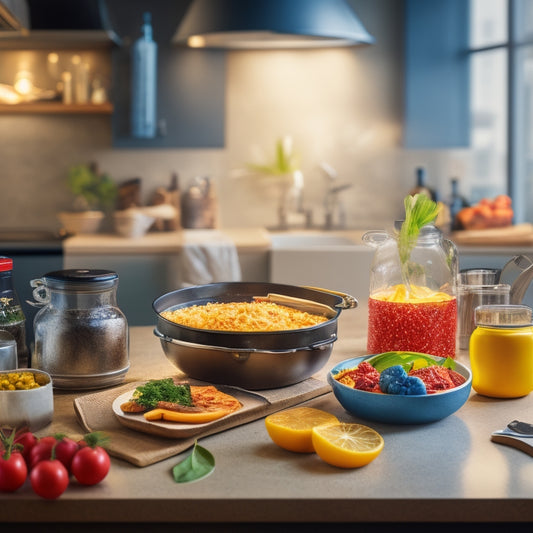 A vibrant kitchen scene with a chef's hat and utensils scattered around, surrounded by mind maps and recipes on a digital tablet, with a blurred cityscape in the background.