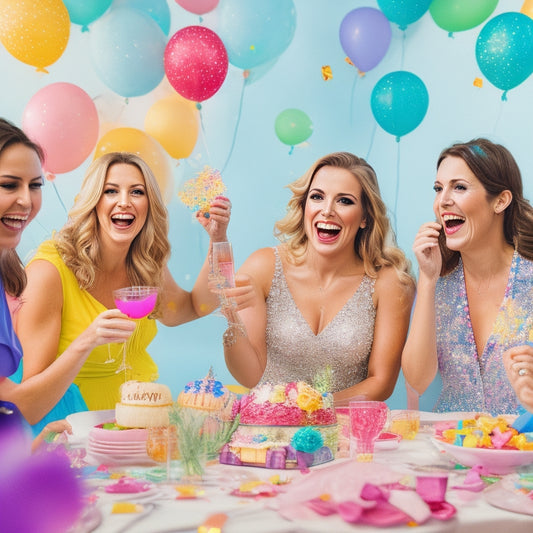 A whimsical illustration of a bridal shower scene with colorful balloons, flowers, and confetti, featuring a large bingo card with wedding-themed icons, surrounded by excited female friends laughing and chatting.