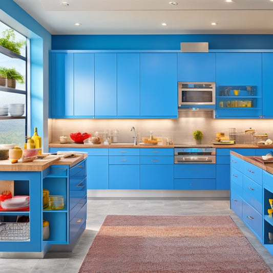 A bright and modern kitchen with sleek, high-gloss cabinets, a large kitchen island, and a wall of floor-to-ceiling storage units, filled with neatly organized cookware and utensils.