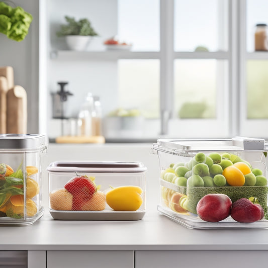 A modern, sleek kitchen counter with a innovative food storage container system featuring transparent, stackable units with rounded edges, surrounded by fresh fruits and vegetables in a warm, natural light setting.