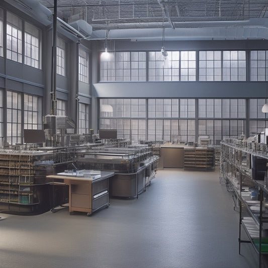 A sprawling, well-lit studio with rows of sleek, silver printing presses, surrounded by towering shelves stocked with vibrant inks and papers, amidst a backdrop of floor-to-ceiling windows.