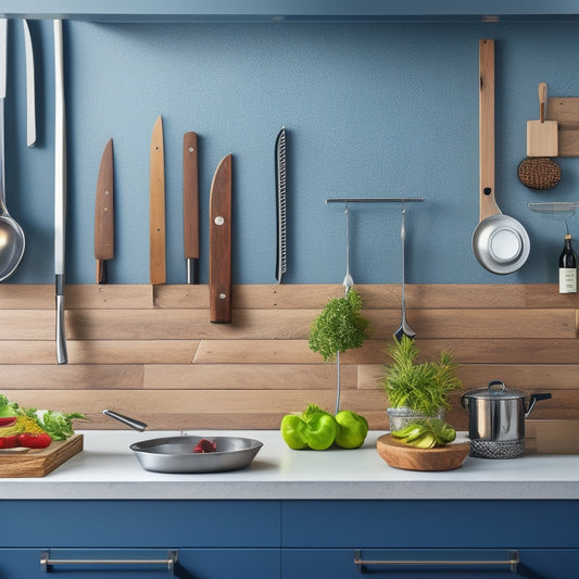 A sleek kitchen with a polished wooden countertop, featuring a stylish magnetic knife strip mounted on the wall, displaying a variety of gleaming knives in an organized, visually appealing arrangement against a vibrant backsplash.