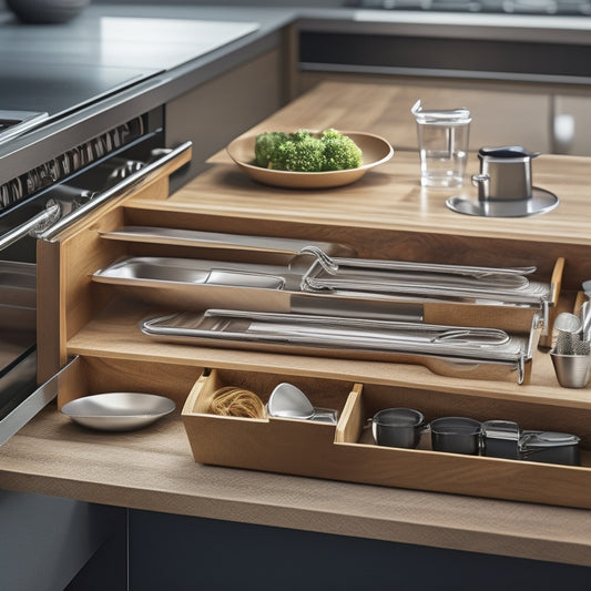 A modern kitchen scene showcasing sleek roll-out trays with a soft-close mechanism. Highlight the smooth wood finish, stainless steel accents, and neatly organized utensils inside, with ambient lighting emphasizing the elegant design.