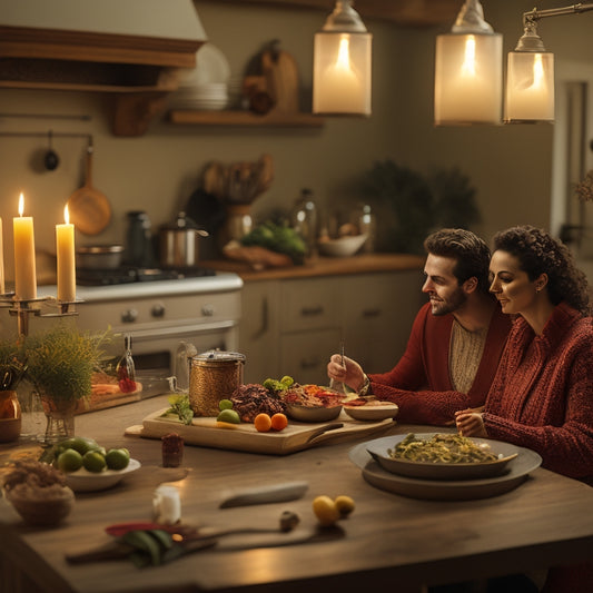 A warm and inviting kitchen scene with a couple cooking together, surrounded by utensils, ingredients, and a few burning candles, with a large wooden island in the center and a delicious meal in preparation.