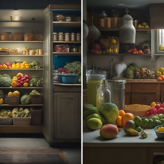 A split-screen image contrasting a cluttered, dimly-lit pantry with expired, moldy food and a tidy, well-lit pantry with fresh, vibrant fruits and vegetables in airtight containers.