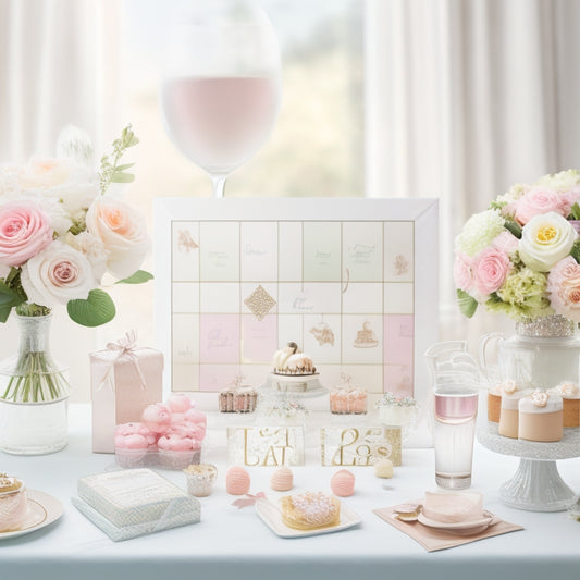 A whimsical illustration of a bridal shower scene with a bingo card in the center, surrounded by gift boxes, flowers, and champagne flutes, in pastel colors and soft, feminine lighting.