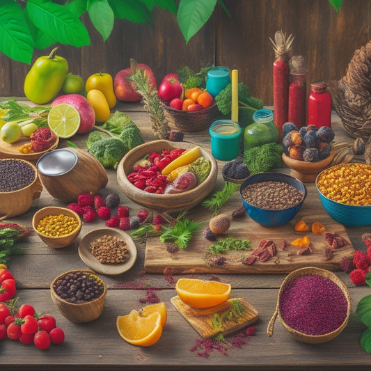 A vibrant, colorful composition featuring a variety of freeze-dried fruits, vegetables, meats, and meals arranged artfully on a rustic wooden table, surrounded by lush greenery and a few outdoor gear items.