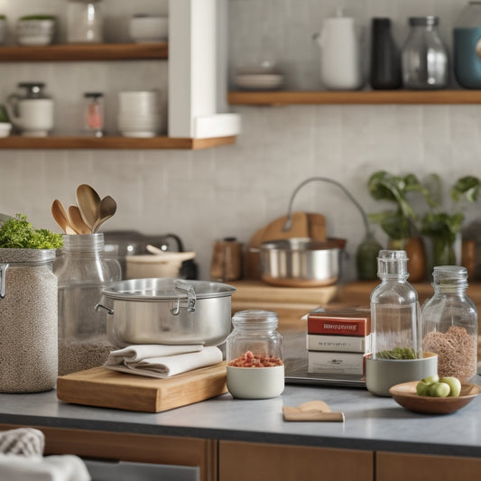 A cluttered kitchen counter with piled-up cookbooks, utensils, and appliances transforms into a tidy space with labeled jars, a utensil organizer, and a minimalist aesthetic, with a YouTube play button hovering above.