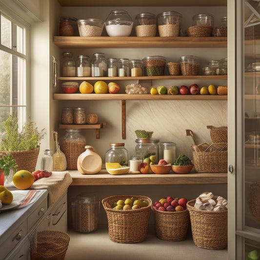 A warm, inviting kitchen pantry with neatly arranged shelves, filled with clear glass jars containing flour, sugar, and coffee, alongside baskets of fresh fruits and vegetables, and a few cookbooks.