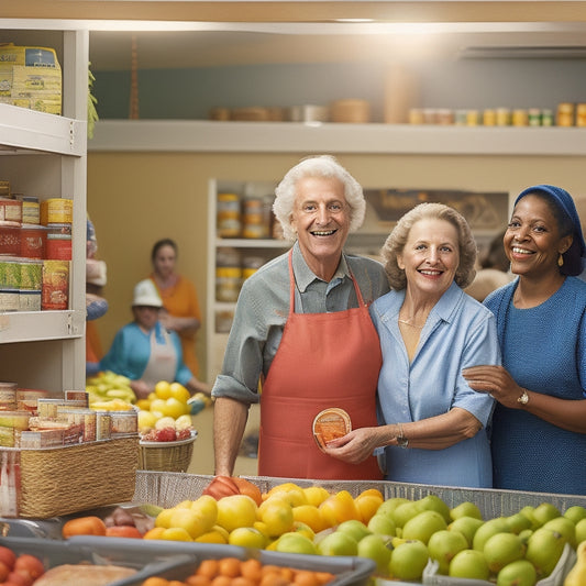 A warm and inviting scene: a bustling food pantry with shelves overflowing with fresh produce, canned goods, and smiling volunteers in aprons, surrounded by grateful community members of diverse ages and backgrounds.