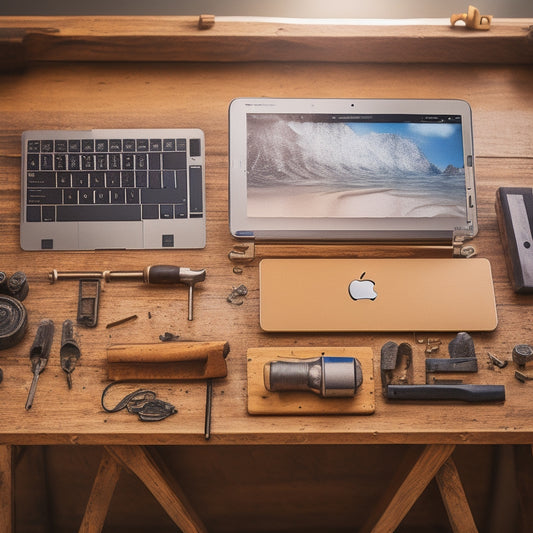 An iPhone and MacBook placed side by side on a wooden workbench, surrounded by scattered screws, tools, and repair manuals, with a subtle background of a DIY workshop or a cluttered desk.