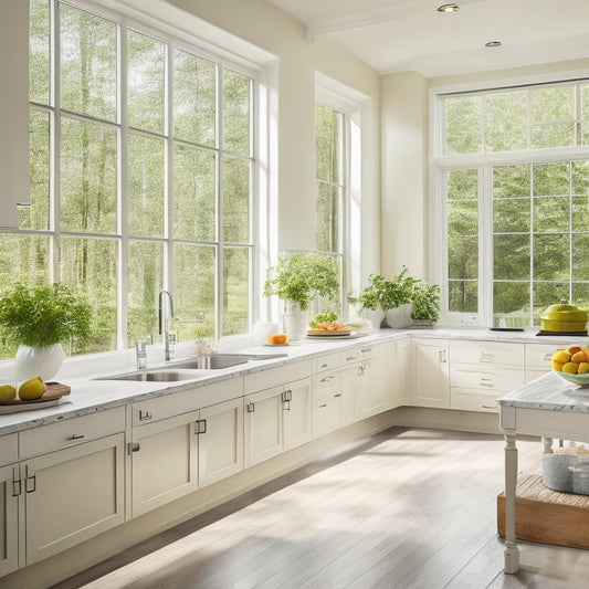 A bright, airy kitchen with large windows, sleek white cabinets, polished chrome fixtures, and a massive center island with a built-in cooktop, surrounded by lush greenery and warm natural light.