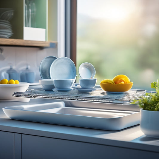 A modern, sleek expandable dish rack set against a bright kitchen backdrop, showcasing gleaming dishes and utensils. The removable drip tray glistens with droplets, emphasizing functionality and elegance. Soft natural light filters through a window.