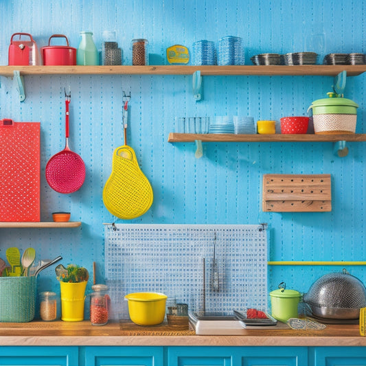 A vibrant kitchen scene featuring a heavy-duty pegboard wall, organized with colorful utensils, pots, and tools. Brightly lit, showcasing a mix of metal hooks, baskets, and neatly arranged kitchen gadgets for maximum efficiency.