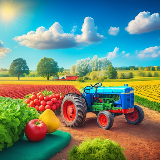 A vibrant illustration of a lush green farm with a red tractor, surrounded by baskets overflowing with fresh fruits and vegetables, under a bright blue sky with fluffy white clouds.