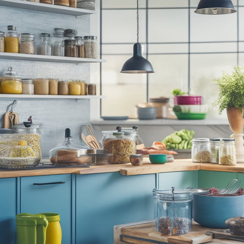 A bright, modern kitchen featuring sleek adjustable tiered racks filled with colorful spices, jars, and kitchen tools, bathed in warm natural light, with elegant countertops and stylish decor in the background.