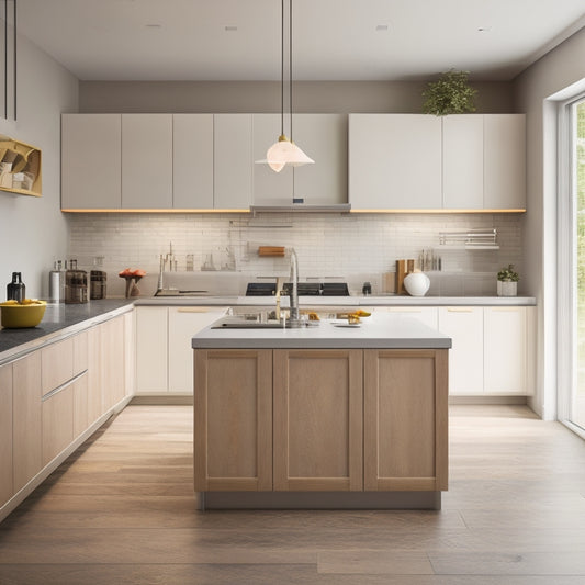 A modern kitchen with sleek, handleless cabinets in a neutral color palette, featuring a central island with a built-in sink, cooktop, and ample counter space, surrounded by a circular workflow pattern.