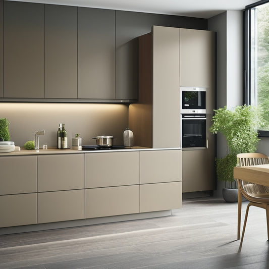 A modern German kitchen with sleek, handleless cabinets in a combination of matte and high-gloss finishes, accented with metallic hardware and surrounded by a neutral color palette and minimalist decor.