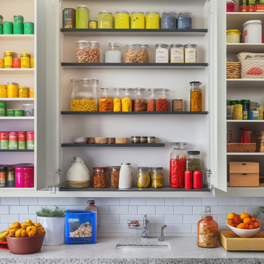 A tidy pantry with sleek, minimalist shelves, a few open jars of spices and canned goods, and a digital tablet mounted on the wall displaying a color-coded inventory dashboard.
