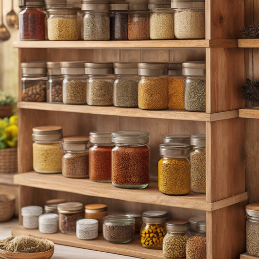 A beautifully organized spice rack with labeled jars in warm wooden shelves, vibrant spices in glass containers, herbs in small pots, and a rustic kitchen backdrop, showcasing a harmonious blend of colors and textures.