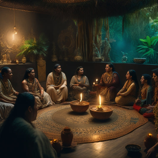 A serene, dimly lit room with a circle of seated participants, surrounded by lush greenery, holding ceremonial cacao cups, with a wise, gentle-eyed shamanic leader at the center, adorned with feathers and sacred symbols.